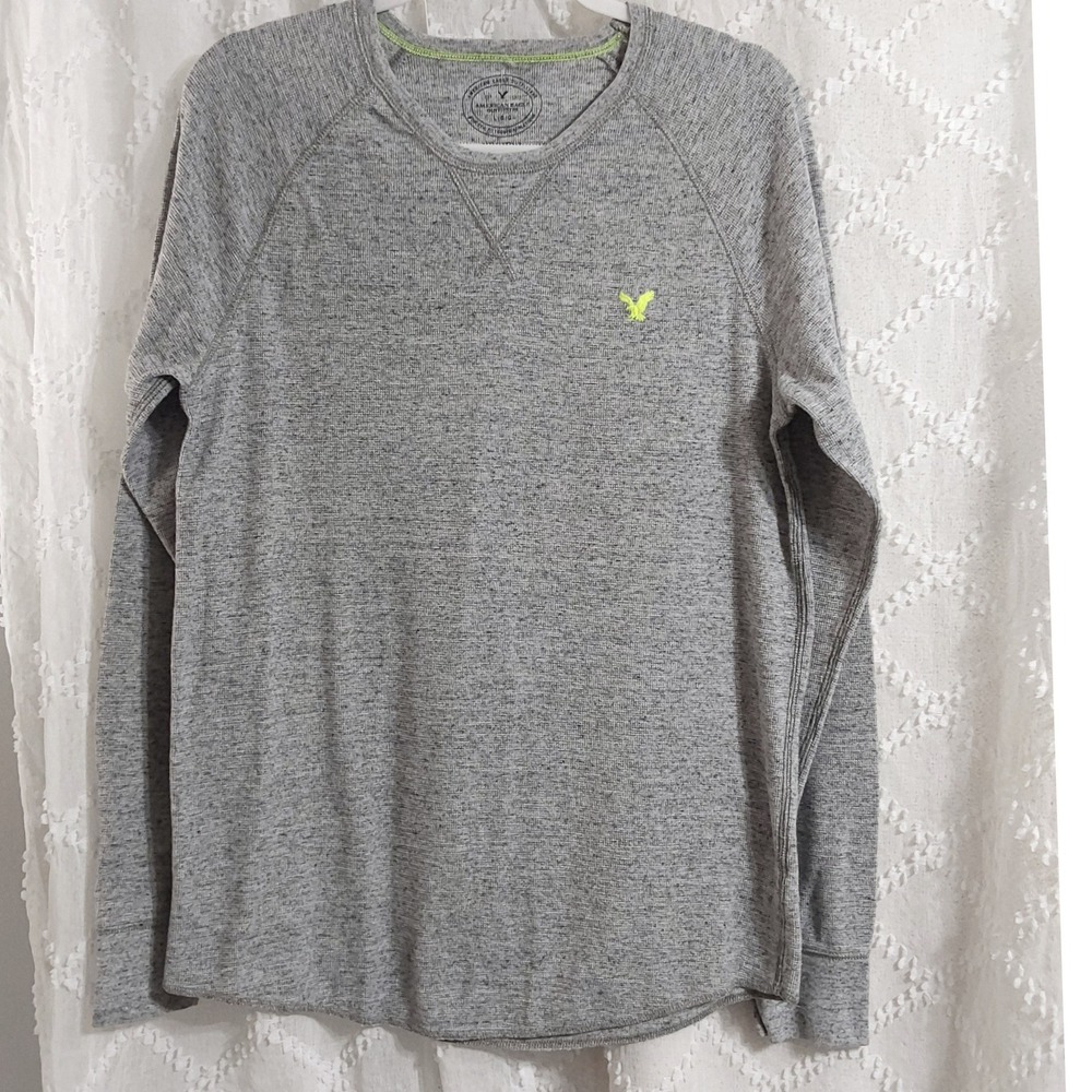 American Eagle Mens Large Grey Thermal Long Sleeve Shirt Athletic Fit Raglan Tee